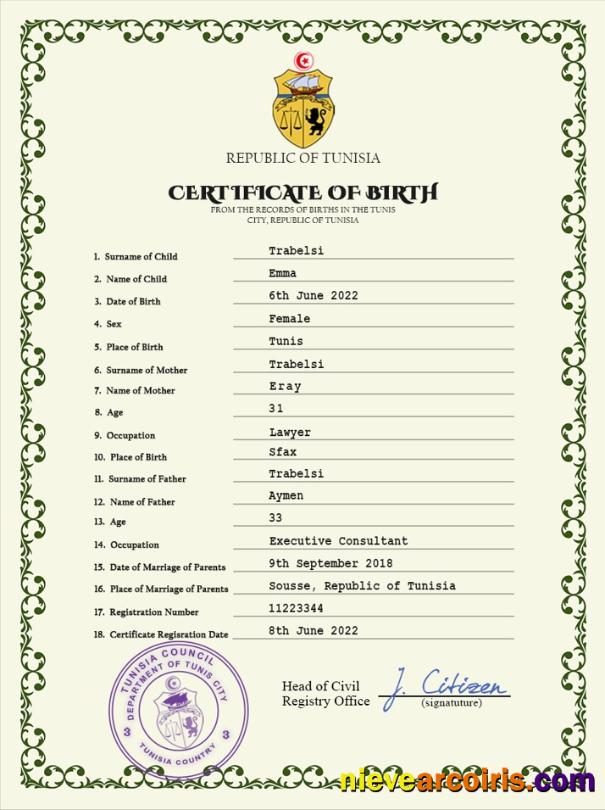 Tunisia vital record birth certificate